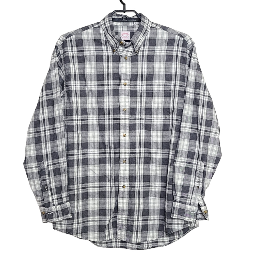 Mens Brooks Brothers Madison Button Front Shirt Plaid Size Large Gray White